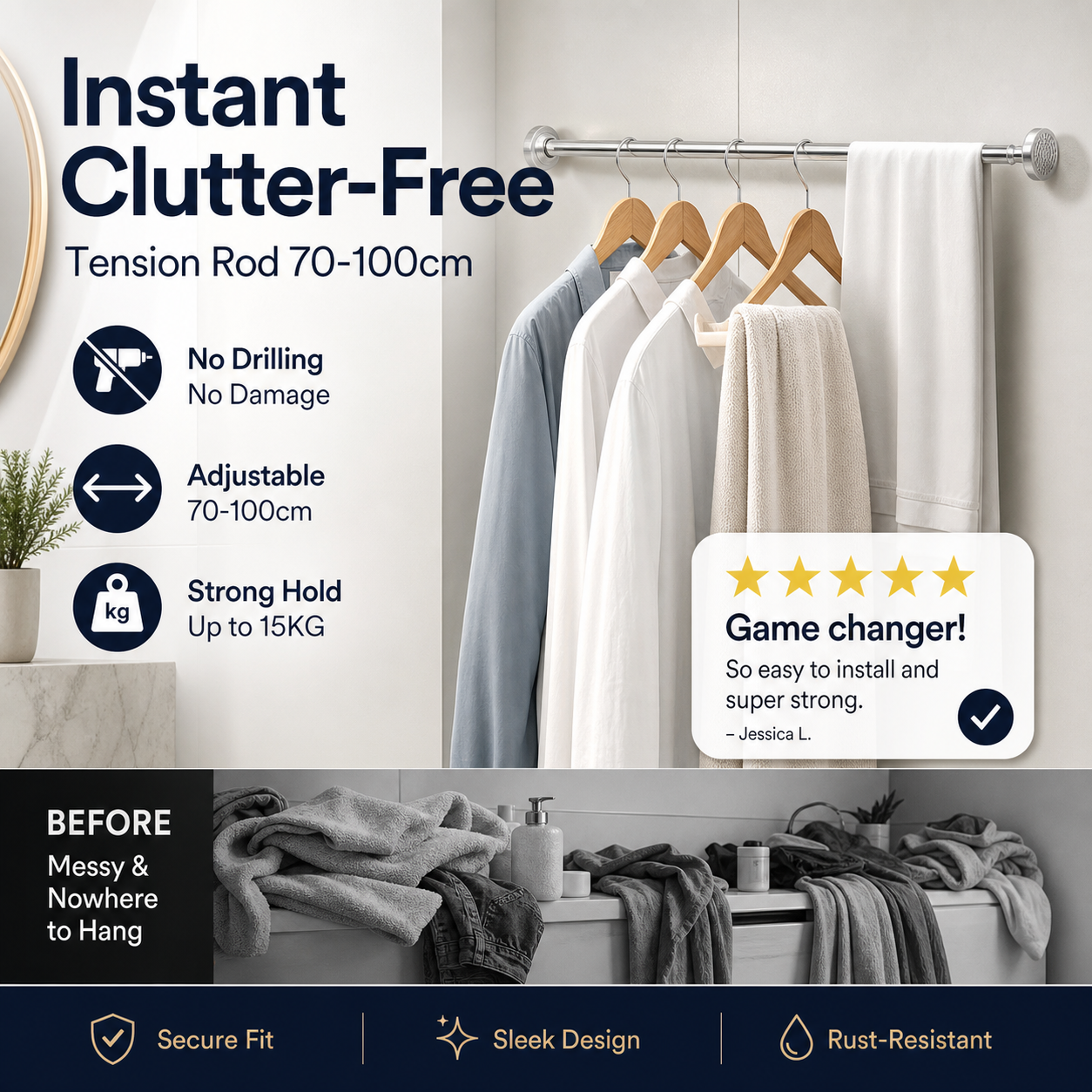🧥50% OFF NOW! Adjustable No‑Drill Tension Rod, 70‑100cm Spring Tension Clothes Hanging Rod, No‑Damage Non‑Slip Closet Curtain Rod, Max 15KG Load for Wardrobe, Bathroom