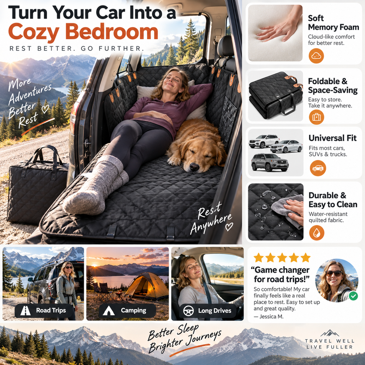 🚗50% OFF NOW! Car Rear-Seat Memory Foam Travel Mattress‑Foldable SUV Sedan Truck Camping Bed, Portable Non-Inflatable Car Sleeping Pad for Road Trips & Camping