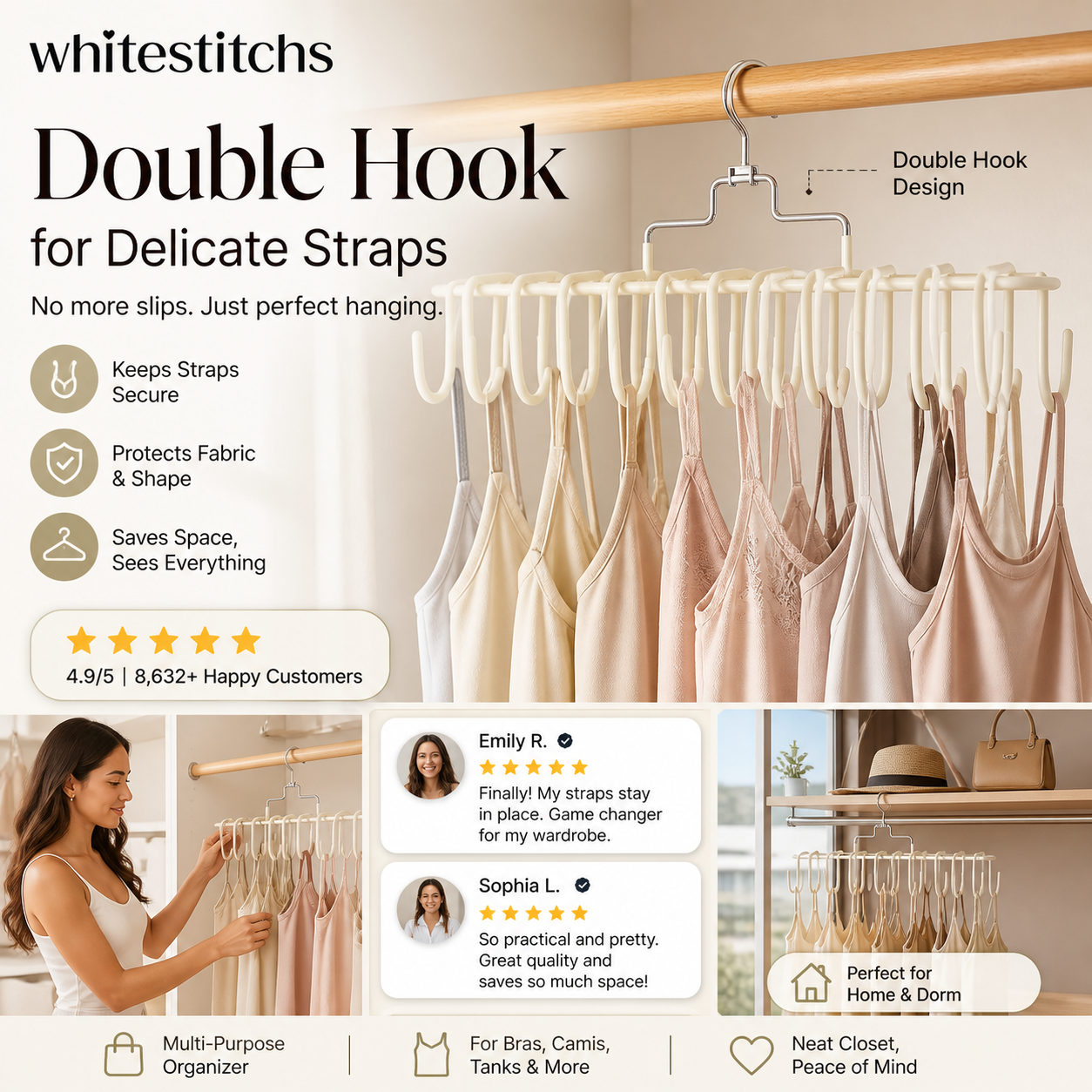 📢📢50% OFF!! ⏰ Lingerie Hanger with Straps — Multifunctional Double-Hook Holder for Camisoles