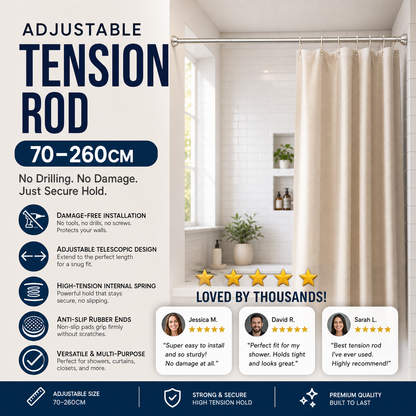 🧥50% OFF NOW! Adjustable No‑Drill Tension Rod, 70‑100cm Spring Tension Clothes Hanging Rod, No‑Damage Non‑Slip Closet Curtain Rod, Max 15KG Load for Wardrobe, Bathroom