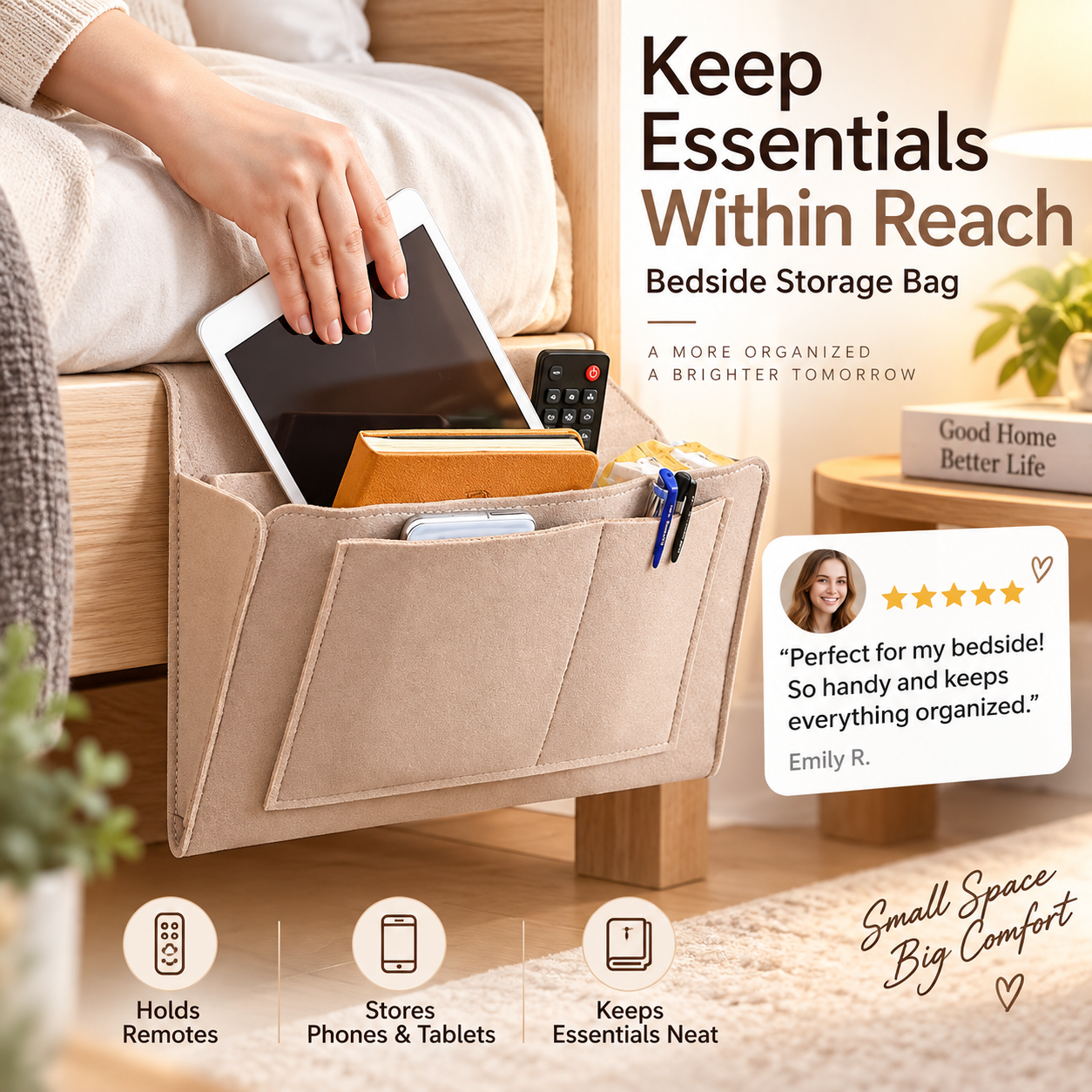 🛏️Bedside Hanging Storage Bag‑Multi‑Pocket Bed Caddy Organizer, Felt Hanging Pouch for Dorm Bunk Bed Hold Tablet Book Phone Stationery