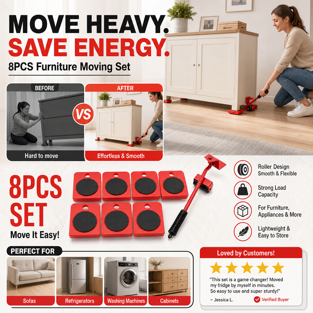 🏠 Heavy Furniture Moving Tool Kit – 8-Piece System for Home & Office Rearranging