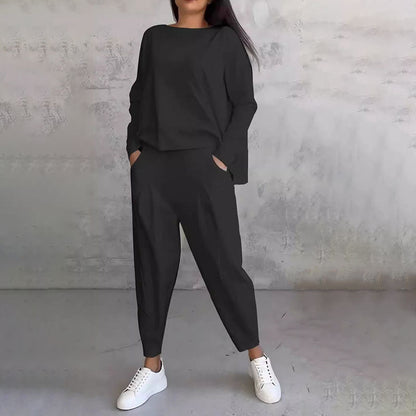 💎 50% OFF! 💎Round-Neck Long-Sleeved Top ＆ Pants 2-Piece Set | Wrinkle-Free & Breathable |