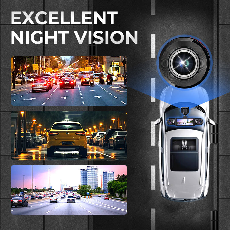 🛡️ 360° Full View Dashcam – Front, Rear & Interior, Night Vision & Loop Recording for Complete Car Protection 🔒✨