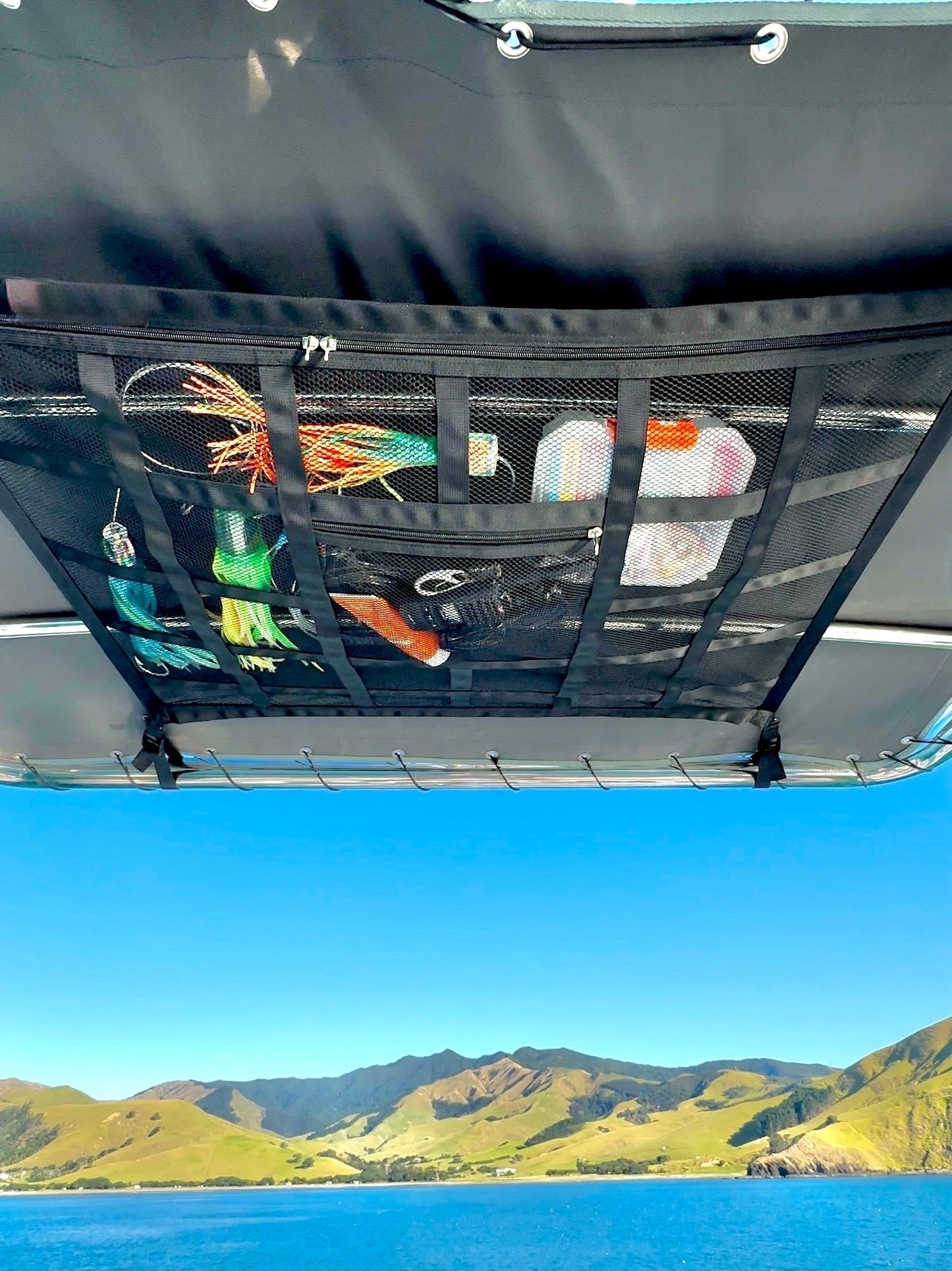 🚤50% OFF NOW! Overhead Mesh Gear Storage Net, Adjustable Car Roof Storage Bag, Multi‑Pocket Ceiling Mesh Organizer for SUV, Van, 4x4, Boat & Rooftop Tent, Holds Fishing Gear & Outdoor Supplies