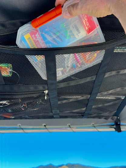 🚤50% OFF NOW! Overhead Mesh Gear Storage Net, Adjustable Car Roof Storage Bag, Multi‑Pocket Ceiling Mesh Organizer for SUV, Van, 4x4, Boat & Rooftop Tent, Holds Fishing Gear & Outdoor Supplies