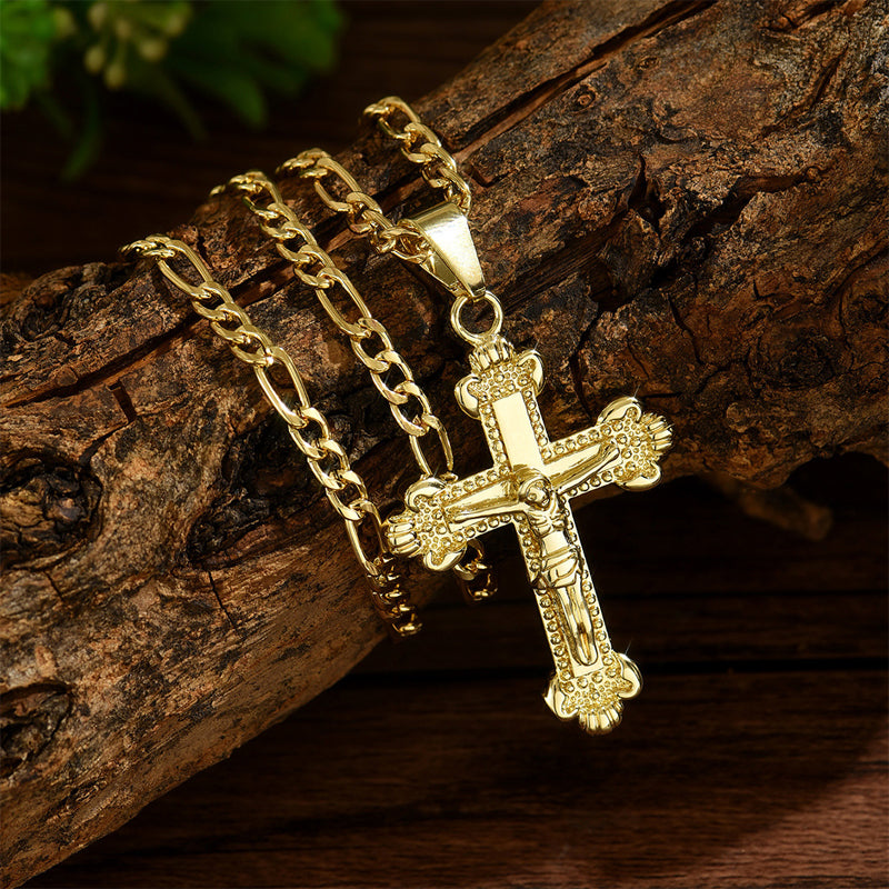 ✨✝️ Gold Crucifix Necklace – Detailed INRI Motif, Adjustable Figaro Chain & Hypoallergenic Finish 💛