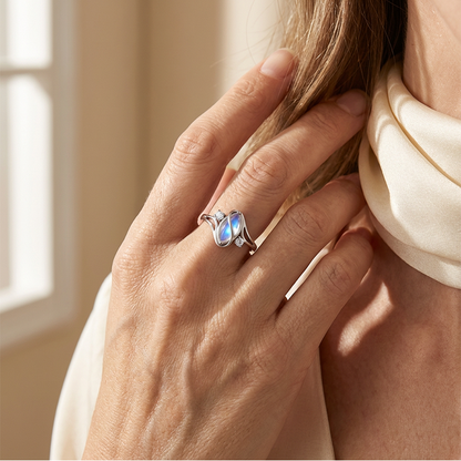 ✨💍 Buy 1 Get 1 Free 🔥 Geometric Oval Moonstone Ring with Zirconia Accents – Mystical, Sparkling & Timelessly Elegant! 🌙✨