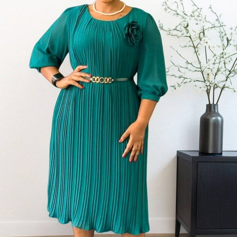 🔥New Arrival 50% OFF💥Women's 3/4 Sleeve Pleated Midi Dress with Belt