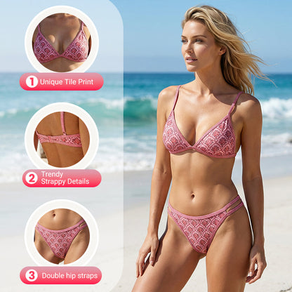 ✨ Pink Vintage Tile Print Bikini Set—This season's beach fashion, showcasing unique charm! ✨