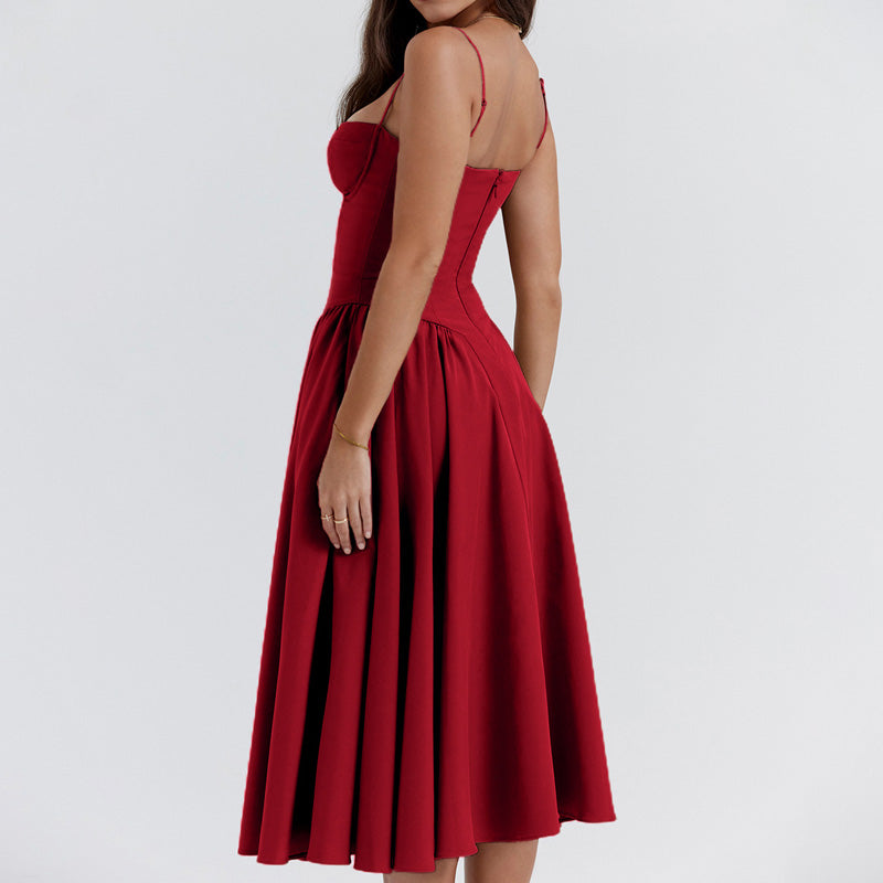 🌹 50% OFF NOW! 👗 Spaghetti Strap Pleated Corset Midi Dress – Timeless Elegance & Practical Pockets ✨