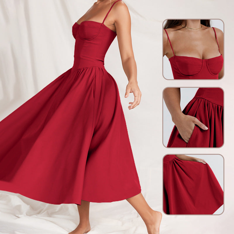 🌹 50% OFF NOW! 👗 Spaghetti Strap Pleated Corset Midi Dress – Timeless Elegance & Practical Pockets ✨