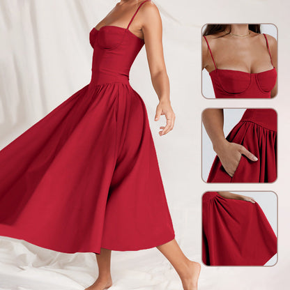 🌹 50% OFF NOW! 👗 Spaghetti Strap Pleated Corset Midi Dress – Timeless Elegance & Practical Pockets ✨
