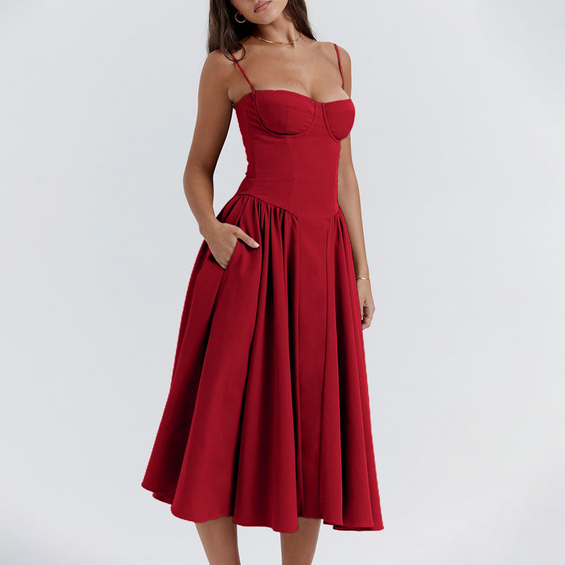 🌹 50% OFF NOW! 👗 Spaghetti Strap Pleated Corset Midi Dress – Timeless Elegance & Practical Pockets ✨