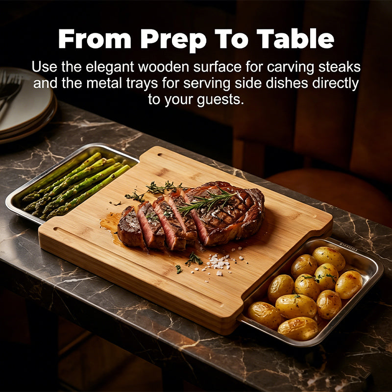 ✨ Wooden Cutting Board with Slide-Out Trays - Organized Food Prep ✨