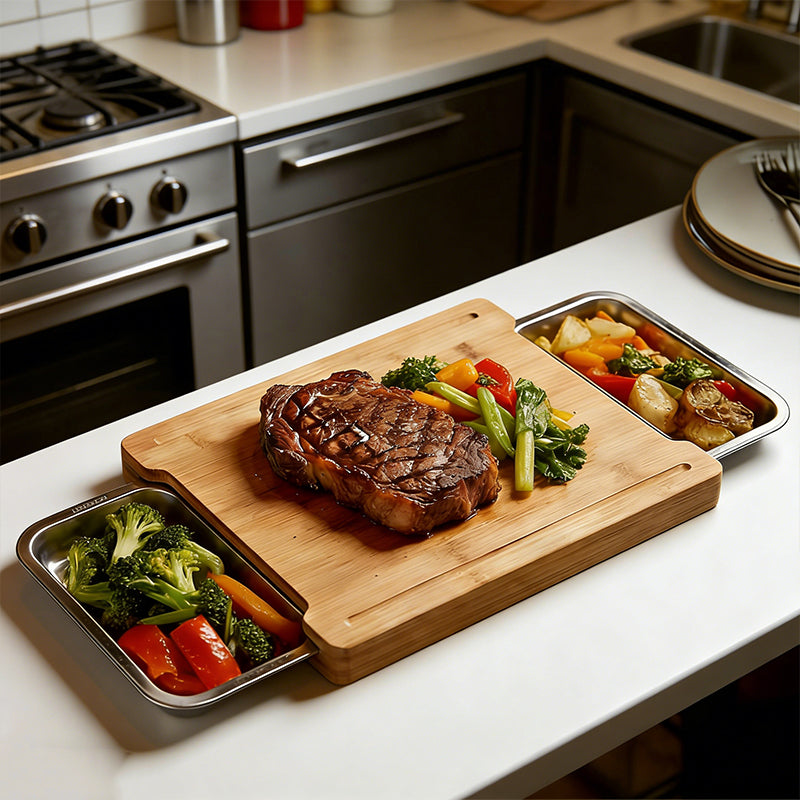 ✨ Wooden Cutting Board with Slide-Out Trays - Organized Food Prep ✨