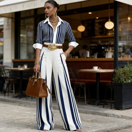 🎁2026 New Arrivals 50% OFF💥Women's Striped Shirt & Wide-Leg Pants 2-Piece Set