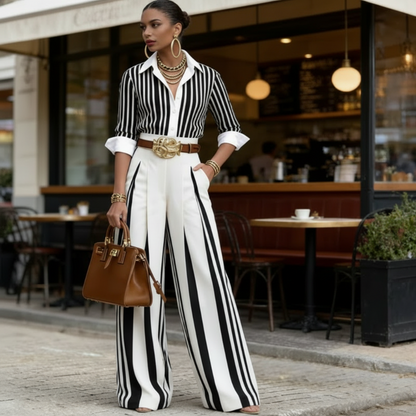 🎁2026 New Arrivals 50% OFF💥Women's Striped Shirt & Wide-Leg Pants 2-Piece Set