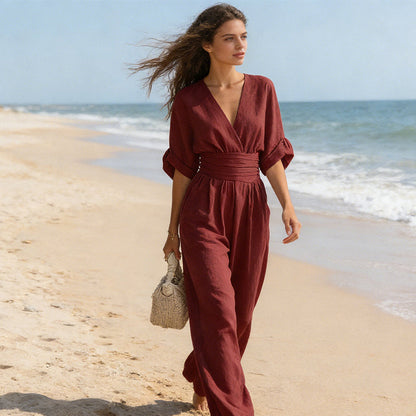 👗 50% OFF NOW! ✨ Elegant V-Neck Wide-Leg Jumpsuit – Flattering Waist Sash, Soft Breathable Fabric & Relaxed Fit 🦋