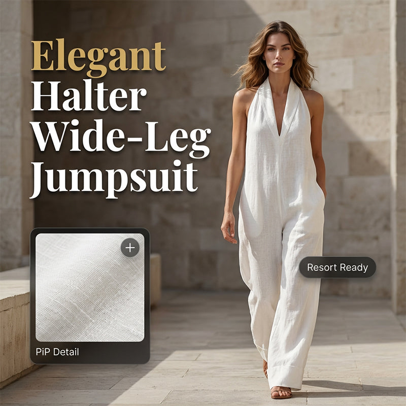🥳2026 HOT SALE🥳💞50K+ SOLD!🏖️💨 50% OFF! Casual Linen Jumpsuit – Halter V-neck, flowy wide-leg. Soft & breathable, keeps you cool. Side pockets for essentials. Your go‑to summer piece. 👗✅