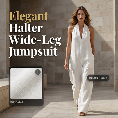 🥳2026 HOT SALE🥳💞50K+ SOLD!🏖️💨 50% OFF! Casual Linen Jumpsuit – Halter V-neck, flowy wide-leg. Soft & breathable, keeps you cool. Side pockets for essentials. Your go‑to summer piece. 👗✅