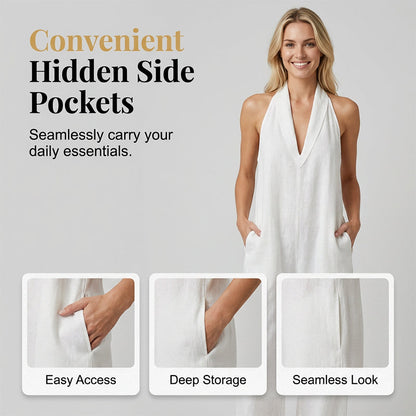 🥳2026 HOT SALE🥳💞50K+ SOLD!🏖️💨 50% OFF! Casual Linen Jumpsuit – Halter V-neck, flowy wide-leg. Soft & breathable, keeps you cool. Side pockets for essentials. Your go‑to summer piece. 👗✅