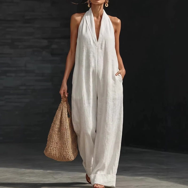 🥳2026 HOT SALE🥳💞50K+ SOLD!🏖️💨 50% OFF! Casual Linen Jumpsuit – Halter V-neck, flowy wide-leg. Soft & breathable, keeps you cool. Side pockets for essentials. Your go‑to summer piece. 👗✅
