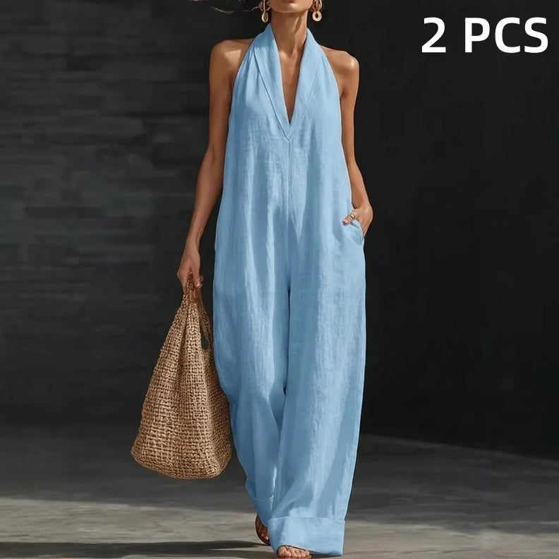 🥳2026 HOT SALE🥳💞50K+ SOLD!🏖️💨 50% OFF! Casual Linen Jumpsuit – Halter V-neck, flowy wide-leg. Soft & breathable, keeps you cool. Side pockets for essentials. Your go‑to summer piece. 👗✅