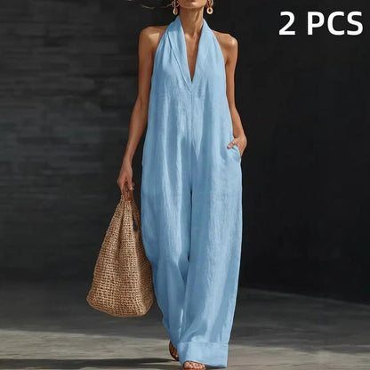 🥳2026 HOT SALE🥳💞50K+ SOLD!🏖️💨 50% OFF! Casual Linen Jumpsuit – Halter V-neck, flowy wide-leg. Soft & breathable, keeps you cool. Side pockets for essentials. Your go‑to summer piece. 👗✅
