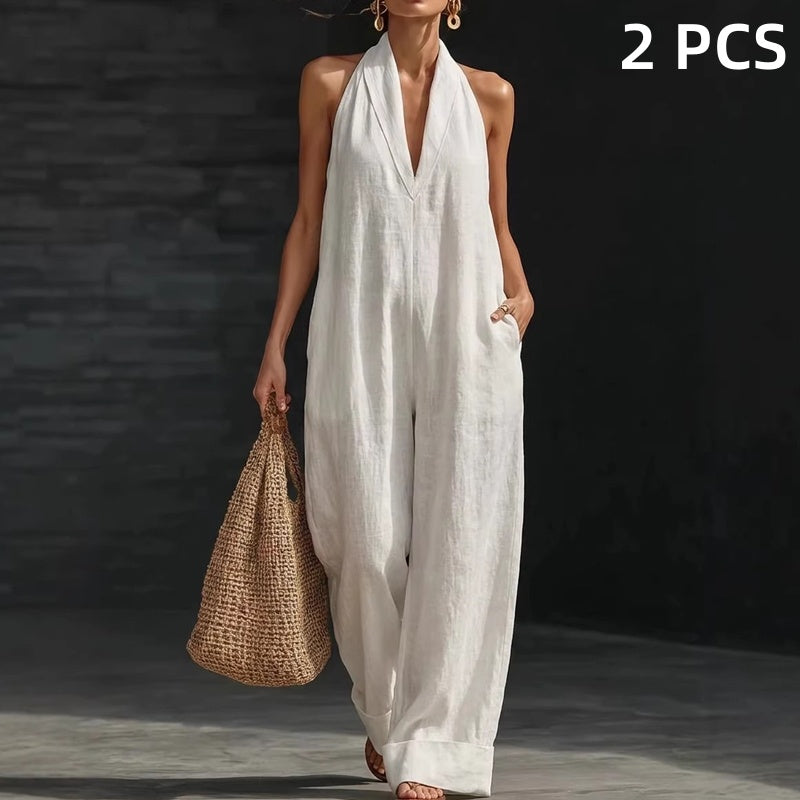 🥳2026 HOT SALE🥳💞50K+ SOLD!🏖️💨 50% OFF! Casual Linen Jumpsuit – Halter V-neck, flowy wide-leg. Soft & breathable, keeps you cool. Side pockets for essentials. Your go‑to summer piece. 👗✅