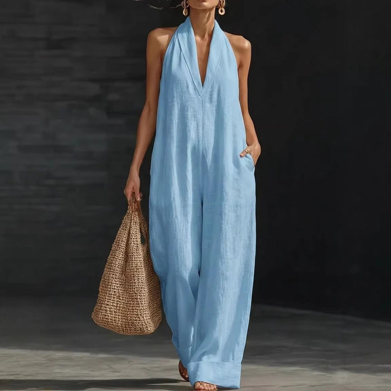 🥳2026 HOT SALE🥳💞50K+ SOLD!🏖️💨 50% OFF! Casual Linen Jumpsuit – Halter V-neck, flowy wide-leg. Soft & breathable, keeps you cool. Side pockets for essentials. Your go‑to summer piece. 👗✅