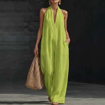 🥳2026 HOT SALE🥳💞50K+ SOLD!🏖️💨 50% OFF! Casual Linen Jumpsuit – Halter V-neck, flowy wide-leg. Soft & breathable, keeps you cool. Side pockets for essentials. Your go‑to summer piece. 👗✅