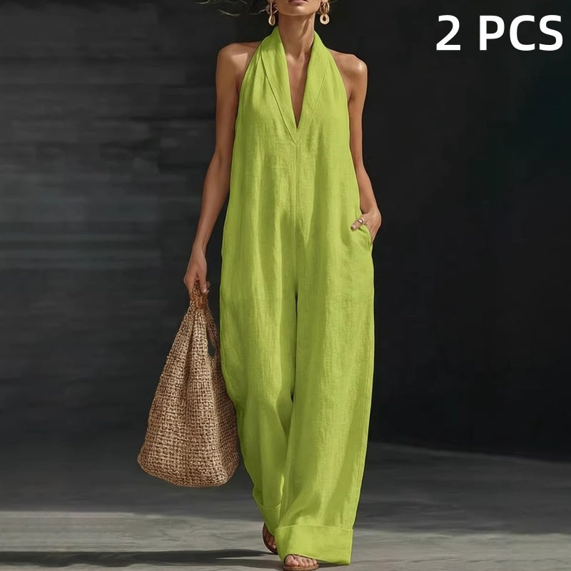 🥳2026 HOT SALE🥳💞50K+ SOLD!🏖️💨 50% OFF! Casual Linen Jumpsuit – Halter V-neck, flowy wide-leg. Soft & breathable, keeps you cool. Side pockets for essentials. Your go‑to summer piece. 👗✅