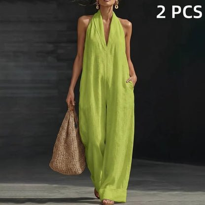 🥳2026 HOT SALE🥳💞50K+ SOLD!🏖️💨 50% OFF! Casual Linen Jumpsuit – Halter V-neck, flowy wide-leg. Soft & breathable, keeps you cool. Side pockets for essentials. Your go‑to summer piece. 👗✅