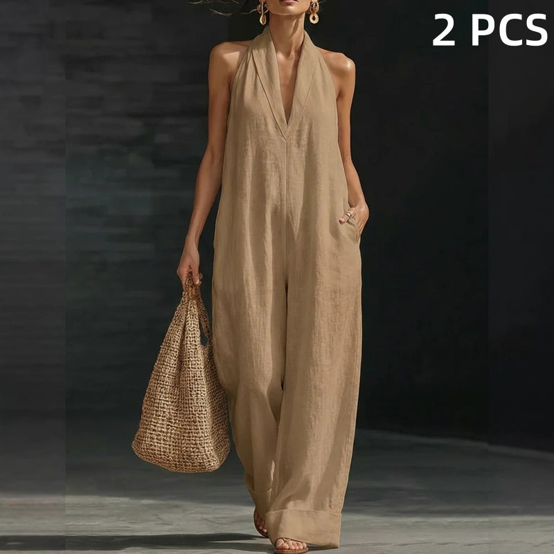 🥳2026 HOT SALE🥳💞50K+ SOLD!🏖️💨 50% OFF! Casual Linen Jumpsuit – Halter V-neck, flowy wide-leg. Soft & breathable, keeps you cool. Side pockets for essentials. Your go‑to summer piece. 👗✅