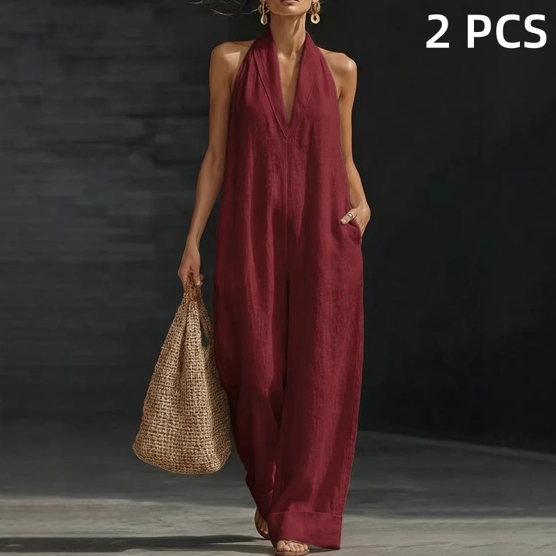 🥳2026 HOT SALE🥳💞50K+ SOLD!🏖️💨 50% OFF! Casual Linen Jumpsuit – Halter V-neck, flowy wide-leg. Soft & breathable, keeps you cool. Side pockets for essentials. Your go‑to summer piece. 👗✅