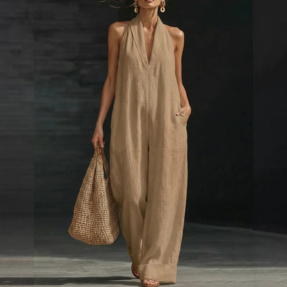 🥳2026 HOT SALE🥳💞50K+ SOLD!🏖️💨 50% OFF! Casual Linen Jumpsuit – Halter V-neck, flowy wide-leg. Soft & breathable, keeps you cool. Side pockets for essentials. Your go‑to summer piece. 👗✅