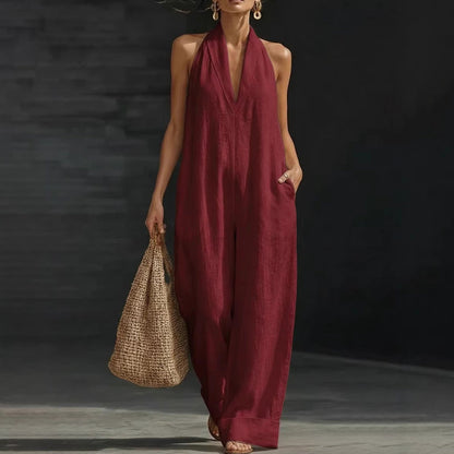 🥳2026 HOT SALE🥳💞50K+ SOLD!🏖️💨 50% OFF! Casual Linen Jumpsuit – Halter V-neck, flowy wide-leg. Soft & breathable, keeps you cool. Side pockets for essentials. Your go‑to summer piece. 👗✅
