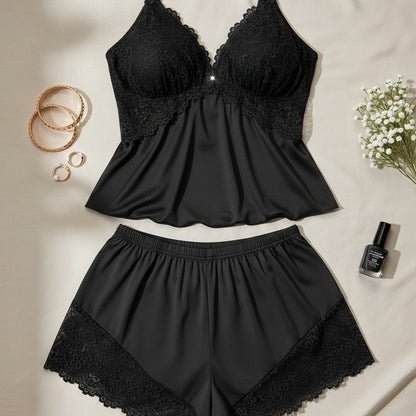 🥳2026 HOT SALE🥳💞50K+ SOLD!👗🌸 50% OFF! Lace Trim Camisole & Shorts Pajama Set – Soft satin-like fabric, adjustable straps & V-neck.