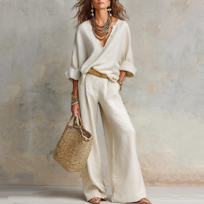 🌸 LIMITED-TIME 50% OFF! 👚 Women's V-Neck Top & Wide-Leg Pants Set – Chic, Coordinated & Breezy 👖