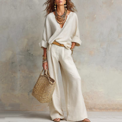 🌸 LIMITED-TIME 50% OFF! 👚 Women's V-Neck Top & Wide-Leg Pants Set – Chic, Coordinated & Breezy 👖