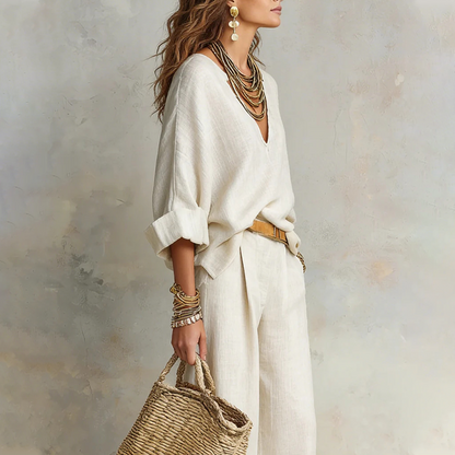 🌸 LIMITED-TIME 50% OFF! 👚 Women's V-Neck Top & Wide-Leg Pants Set – Chic, Coordinated & Breezy 👖