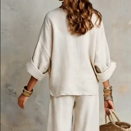 🌸 LIMITED-TIME 50% OFF! 👚 Women's V-Neck Top & Wide-Leg Pants Set – Chic, Coordinated & Breezy 👖