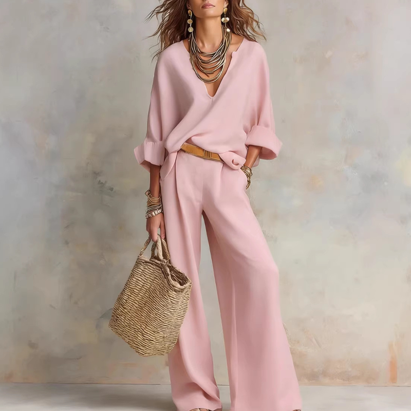 🌸 LIMITED-TIME 50% OFF! 👚 Women's V-Neck Top & Wide-Leg Pants Set – Chic, Coordinated & Breezy 👖