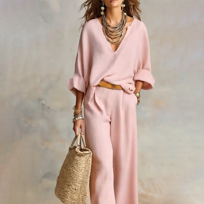 🌸 LIMITED-TIME 50% OFF! 👚 Women's V-Neck Top & Wide-Leg Pants Set – Chic, Coordinated & Breezy 👖