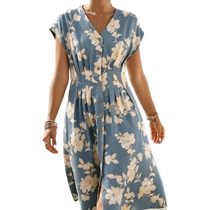 Women's V-Neck Floral Print Button-Down Midi Dress