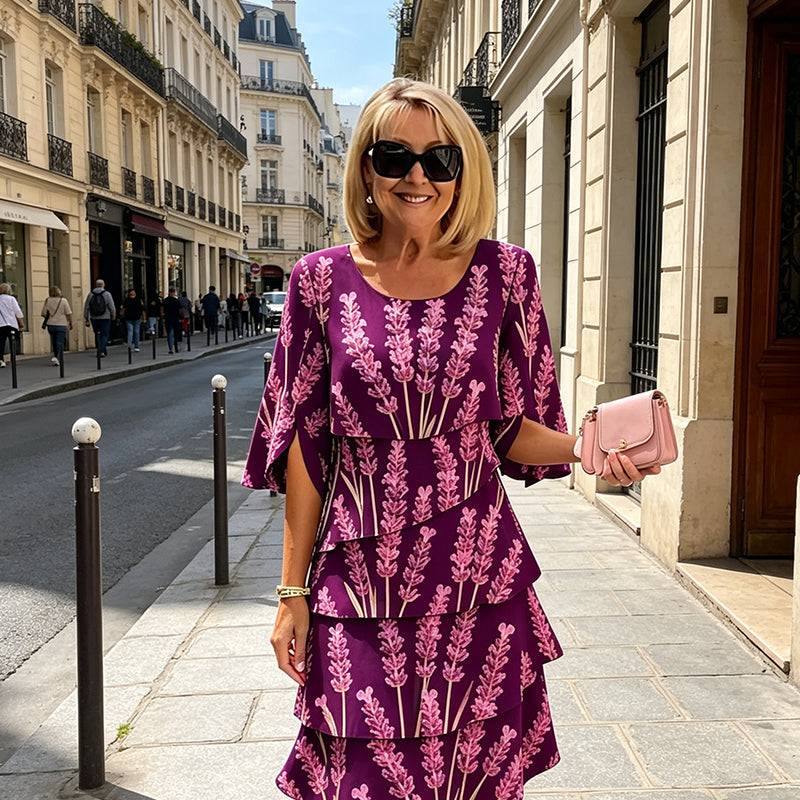 👗 50% OFF! ✨ Tiered Midi Dress – Floral Pattern, Split Sleeves, Flowy, Elegant 🌸