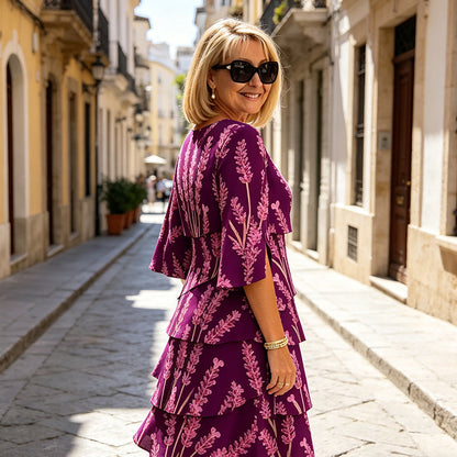 👗 50% OFF! ✨ Tiered Midi Dress – Floral Pattern, Split Sleeves, Flowy, Elegant 🌸