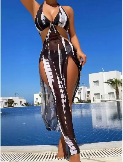 👙 LIMITED-TIME 50% OFF! ✨ Striped Two-Piece Swimsuit – Bow Neck, Ring Detail, High Stretch 🌊
