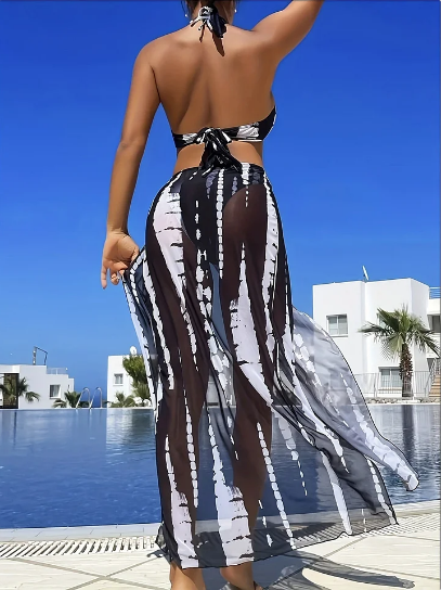 👙 LIMITED-TIME 50% OFF! ✨ Striped Two-Piece Swimsuit – Bow Neck, Ring Detail, High Stretch 🌊